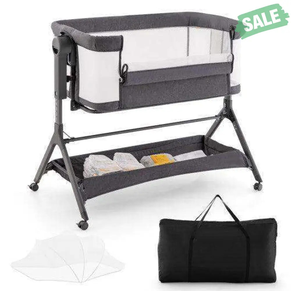 Height Adjustable Bedside Sleeper with Storage Bag and Soft Mattress for Baby-Gray Gray Bassinets & Bedside Sleepers