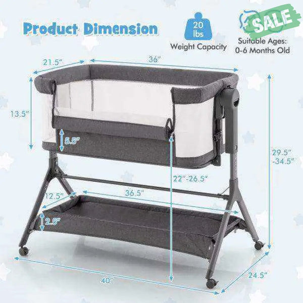 Height Adjustable Bedside Sleeper with Storage Bag and Soft Mattress for Baby-Gray Gray Bassinets & Bedside Sleepers