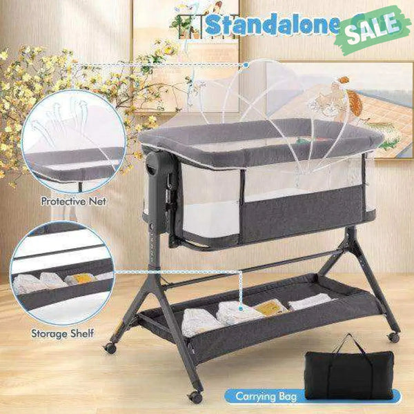 Height Adjustable Bedside Sleeper with Storage Bag and Soft Mattress for Baby-Gray Gray Bassinets & Bedside Sleepers