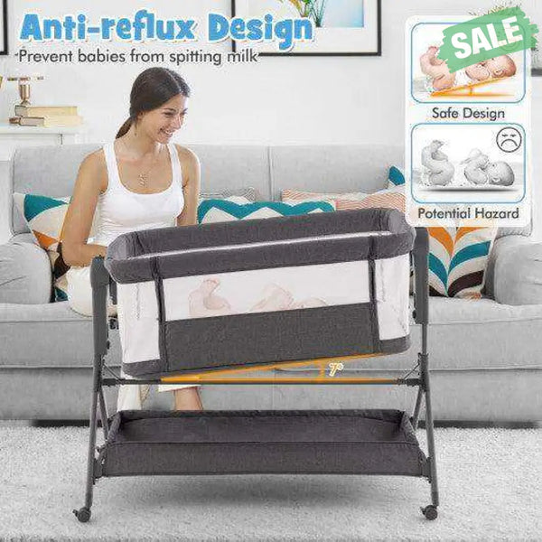 Height Adjustable Bedside Sleeper with Storage Bag and Soft Mattress for Baby-Gray Gray Bassinets & Bedside Sleepers
