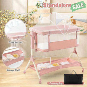 Height Adjustable Bedside Sleeper with Storage Bag and Soft Mattress for Baby-Pink