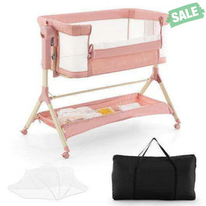 Height Adjustable Bedside Sleeper with Storage Bag and Soft Mattress for Baby-Pink