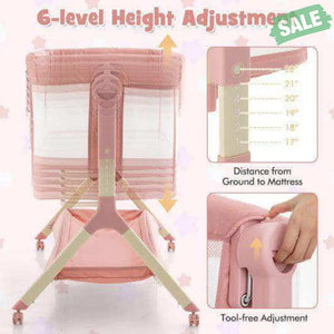 Height Adjustable Bedside Sleeper with Storage Bag and Soft Mattress for Baby-Pink