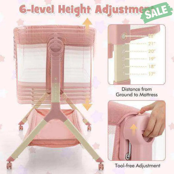 Height Adjustable Bedside Sleeper with Storage Bag and Soft Mattress for Baby-Pink
