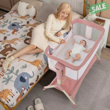 Height Adjustable Bedside Sleeper with Storage Bag and Soft Mattress for Baby-Pink