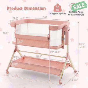 Height Adjustable Bedside Sleeper with Storage Bag and Soft Mattress for Baby-Pink