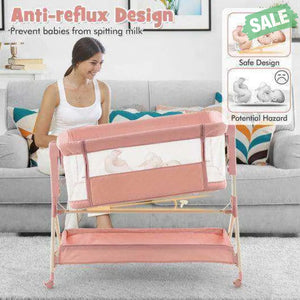 Height Adjustable Bedside Sleeper with Storage Bag and Soft Mattress for Baby-Pink