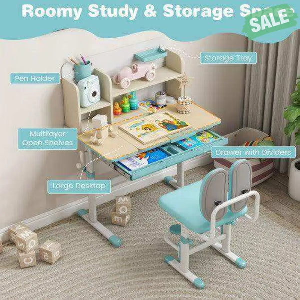 Height Adjustable Children School Home Study Table and Chair Set with Tilted Desktop for 3-12 Years Old-Pink Blue Kids