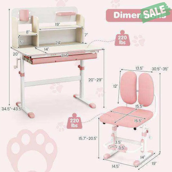 Height Adjustable Children School Home Study Table and Chair Set with Tilted Desktop for 3-12 Years Old-Pink Kids Table