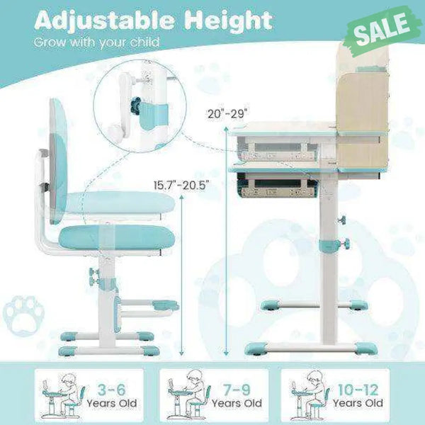 Height Adjustable Children School Home Study Table and Chair Set with Tilted Desktop for 3-12 Years Old-Pink Kids Table