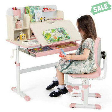 Height Adjustable Children School Home Study Table and Chair Set with Tilted Desktop for 3-12 Years Old-Pink Kids Table