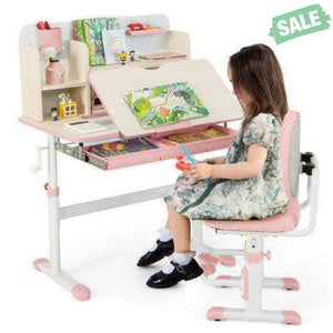 Height Adjustable Children School Home Study Table and Chair Set with Tilted Desktop for 3-12 Years Old-Pink Kids Table