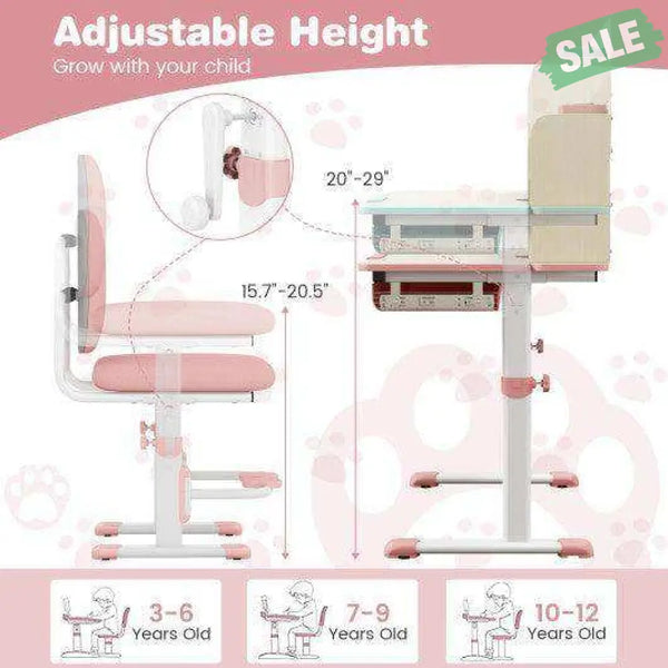 Height Adjustable Children School Home Study Table and Chair Set with Tilted Desktop for 3-12 Years Old-Pink Kids Table