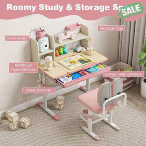 Height Adjustable Children School Home Study Table and Chair Set with Tilted Desktop for 3-12 Years Old-Pink Pink Kids