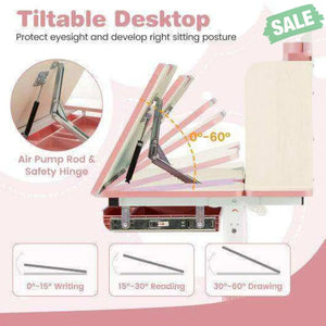 Height Adjustable Children School Home Study Table and Chair Set with Tilted Desktop for 3-12 Years Old-Pink Kids Table