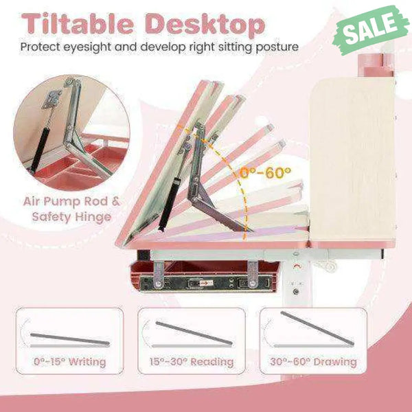 Height Adjustable Children School Home Study Table and Chair Set with Tilted Desktop for 3-12 Years Old-Pink Kids Table