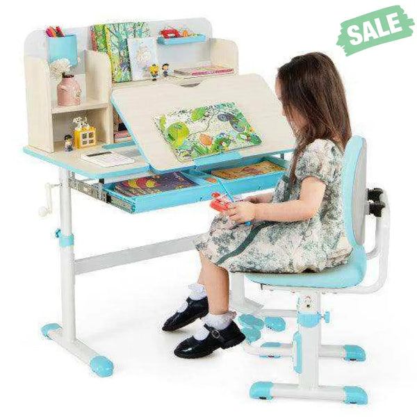 Height Adjustable Children School Home Study Table and Chair Set with Tilted Desktop for 3-12 Years Old-Pink Kids Table