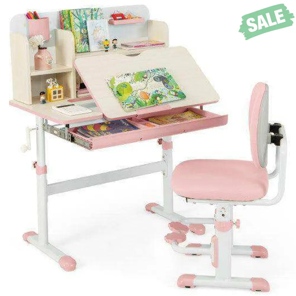 Height Adjustable Children School Home Study Table and Chair Set with Tilted Desktop for 3-12 Years Old-Pink Kids Table