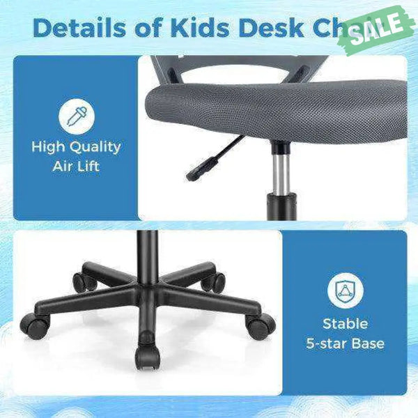 Height-adjustable Ergonomic Kids Desk Chair with Universal Casters-Gray
