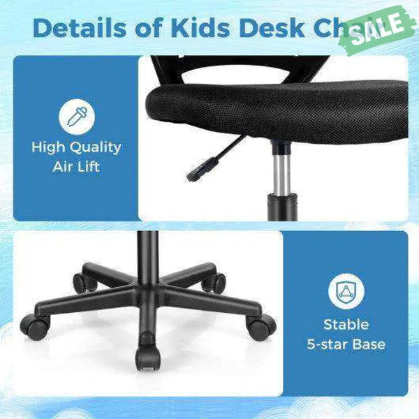 Height-adjustable Ergonomic Kids Desk Chair with Universal Casters-Black