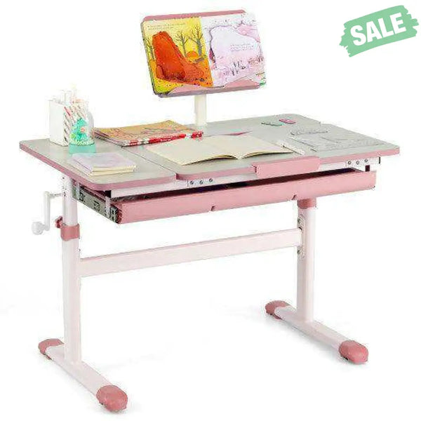 Height-Adjustable Kids Desk with Tilt Desktop and Book Stand-Pink