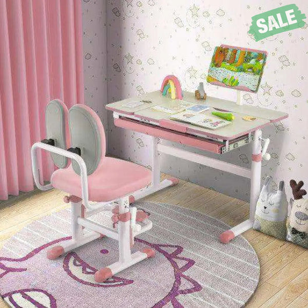 Height-Adjustable Kids Desk with Tilt Desktop and Book Stand-Pink