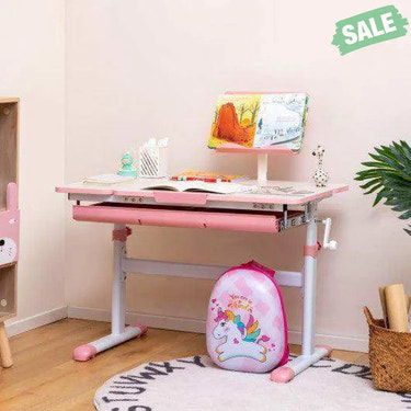 Height-Adjustable Kids Desk with Tilt Desktop and Book Stand-Pink