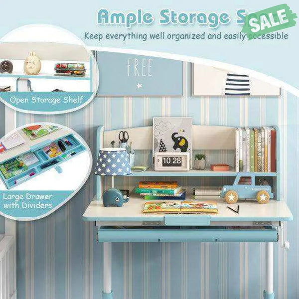 Height Adjustable Kids Study Desk with Tilt Desktop-Blue Blue Kids Table & Chair Sets