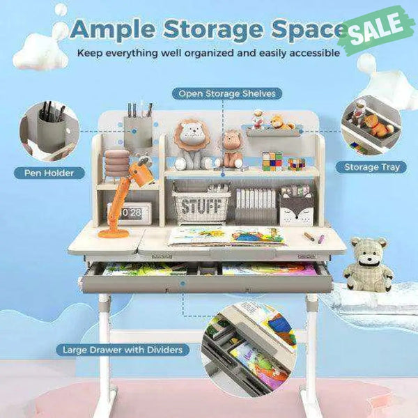 Height Adjustable Kids Study Desk with Tilt Desktop for 3-12 Years Old-Blue Blue Kids Table & Chair Sets