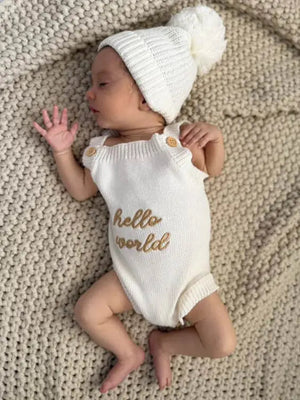 Newborn Knit Romper Set – Hello World, LITTLE SISTER and LITTLE BROTHER Embroidered Baby Outfit with Hat & Booties or Headband | Soft Coming Home Outfit
