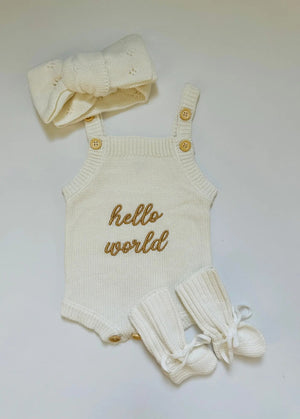 Newborn Knit Romper Set – Hello World, LITTLE SISTER and LITTLE BROTHER Embroidered Baby Outfit with Hat & Booties or Headband | Soft Coming Home Outfit
