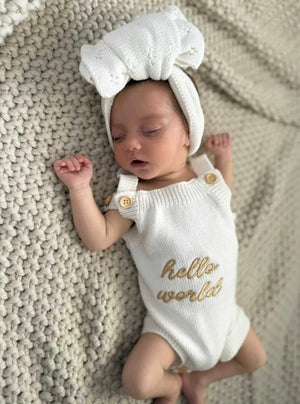 Newborn Knit Romper Set – Hello World, LITTLE SISTER and LITTLE BROTHER Embroidered Baby Outfit with Hat & Booties or Headband | Soft Coming Home Outfit