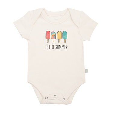 Graphic bodysuit for babies featuring "Hello Summer" design, perfect for warm weather. Short sleeve style.