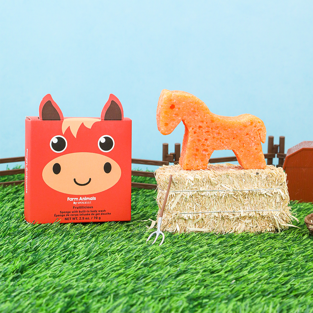 Henry Horse Body Wash Infused Buffer - Soft, fun farm animal bath accessory for babies.