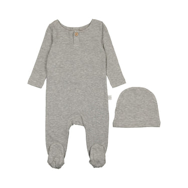 Grey Henley Footie for babies, cozy zip pajamas for comfort and style. Perfect for sleep and play.