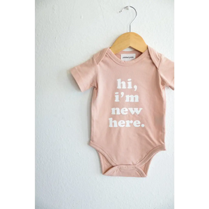 Hi, I'm New Here in Rose Organic Cotton Baby Onesie