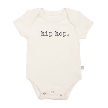 Hip hop graphic bodysuit for babies, short sleeve, stylish and comfortable for trendy little ones.