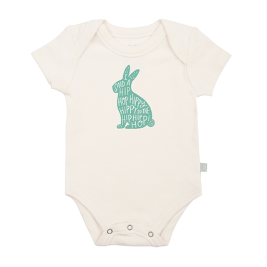 Graphic bodysuit for babies featuring a fun hippy hoppy design, perfect for stylish and comfortable wear.