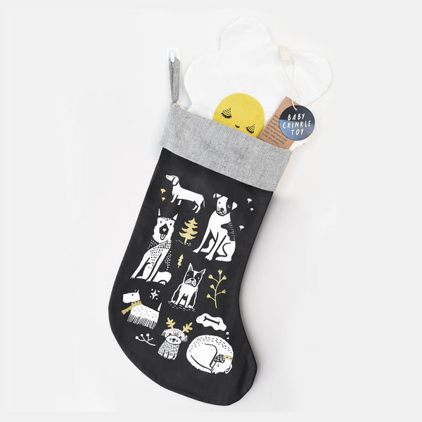 Festive Pups Stocking angled view, perfect for Christmas celebrations and pet lovers.
