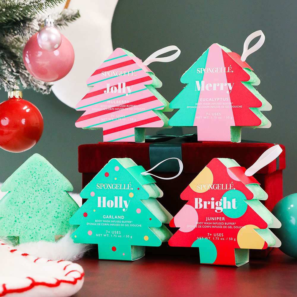 Holiday Tree Multi-Use Assorted Pack - Body Wash Infused Buffers for a festive and refreshing bathing experience.