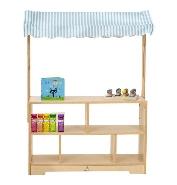 Holly Wooden Market Stand for kids - indoor pretend play shop and display shelf, angle view 4.