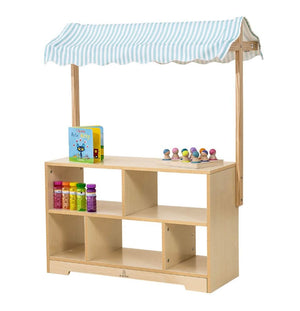Holly Wooden Market Stand for kids' pretend play, showcasing a colorful display shelf from angle 3.