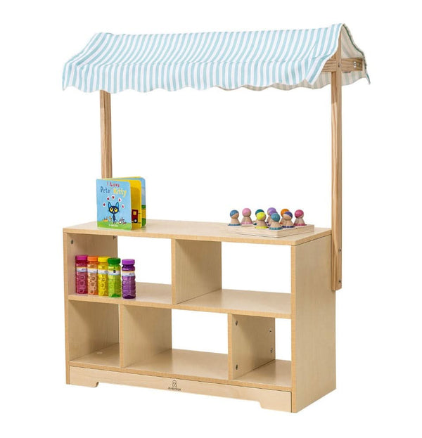 Holly Wooden Market Stand for kids' pretend play, showcasing a colorful display shelf from angle 3.