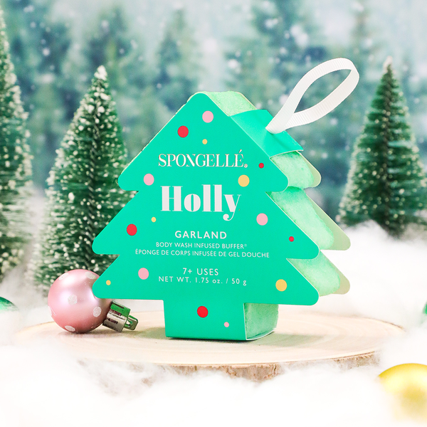 Holly Garland Holiday Tree Body Wash Infused Buffer at an angle, perfect for festive self-care.