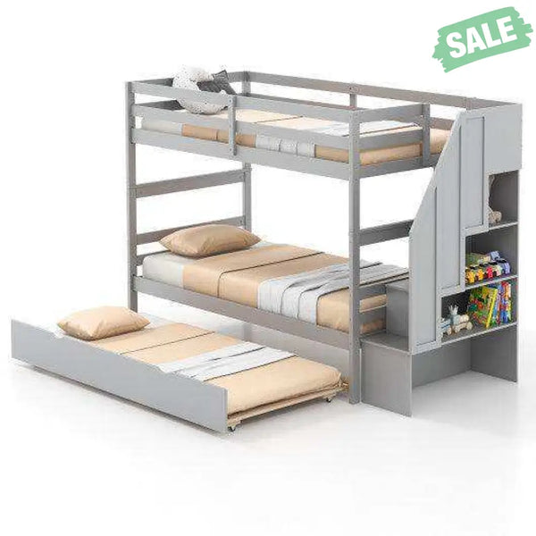 Home Wood Bunk Bed with Guard Rail and 4-step Storage Stairs No Box Spring Needed-Brown Brown Toddler Beds