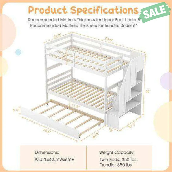 Home Wood Bunk Bed with Guard Rail and 4-step Storage Stairs No Box Spring Needed-Brown Brown Toddler Beds