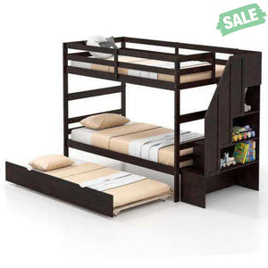 Home Wood Bunk Bed with Guard Rail and 4-step Storage Stairs No Box Spring Needed-Brown Brown Toddler Beds
