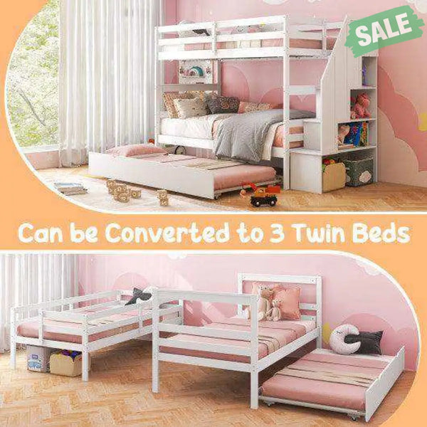Home Wood Bunk Bed with Guard Rail and 4-step Storage Stairs No Box Spring Needed-Brown Brown Toddler Beds