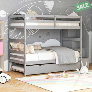Home Wood Bunk Bed with Guard Rail and 4-step Storage Stairs No Box Spring Needed-Brown Brown Toddler Beds