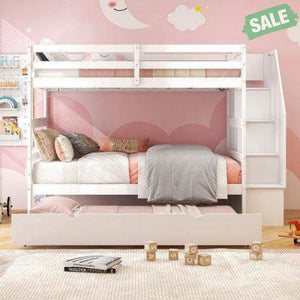 Home Wood Bunk Bed with Guard Rail and 4-step Storage Stairs No Box Spring Needed-Brown Brown Toddler Beds